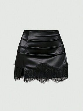 Black Elegant Women's Minimalist Tight Lace Patchwork Short Skirt